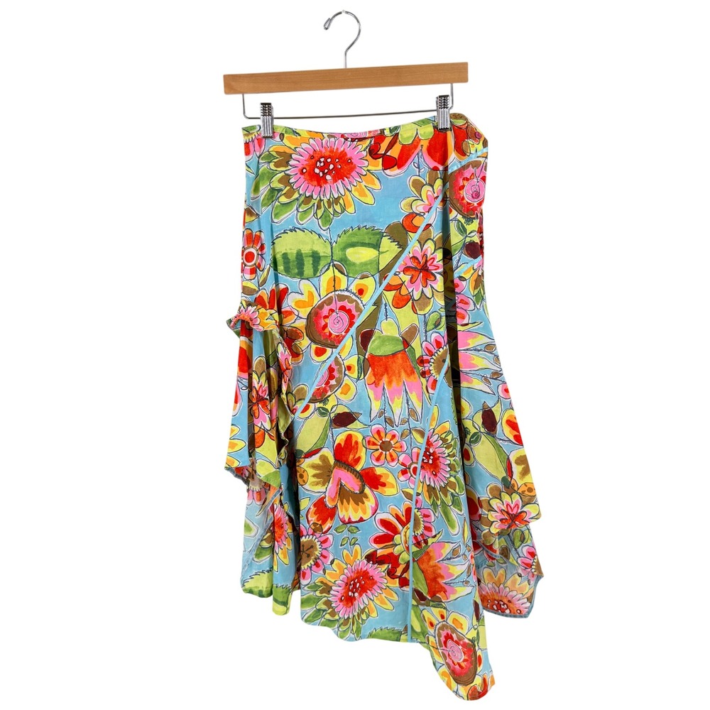 Oilily Floral Asymmetrical Midi Skirt Blue 36 Cotton Boho Artsy Whimsical